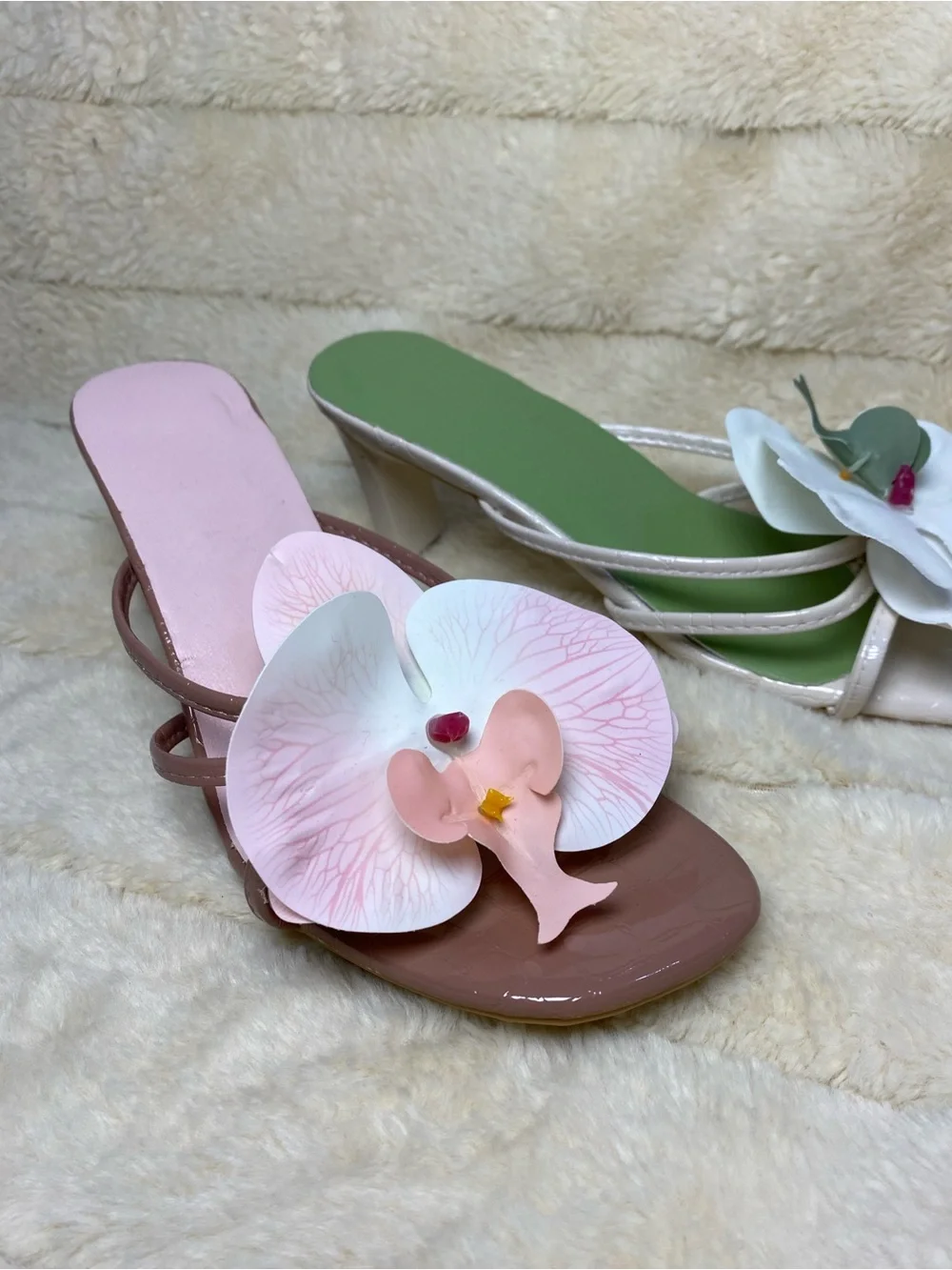 Women's Pink or green Floral Strap Heeled Sandals